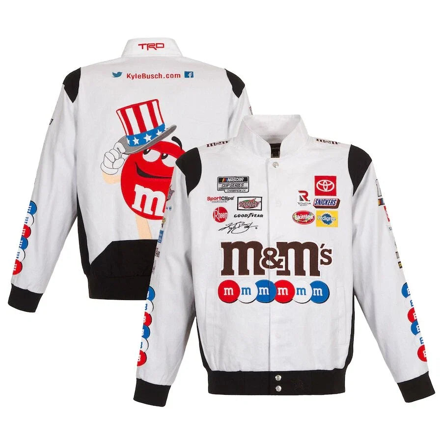 Porsche Motorsport Formel 1 Oldtimer Rennjacke (Nascar Kyle Busch JH Design M&M's Snaps Weiß)